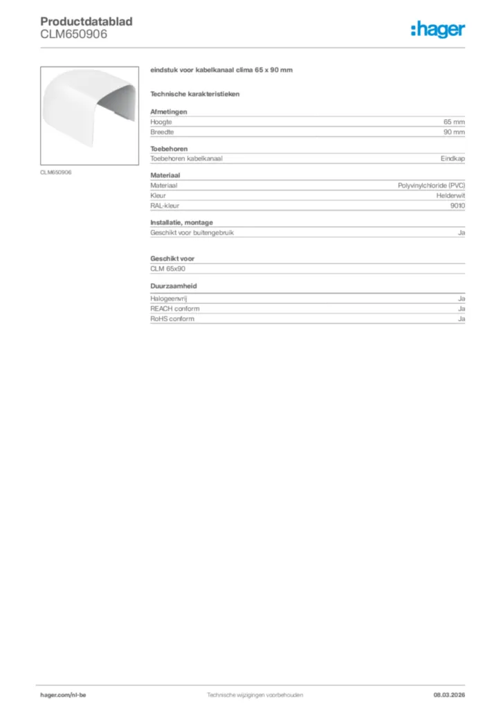 Afbeelding Hager Productdatablad CLM650906 | Hager Belgium