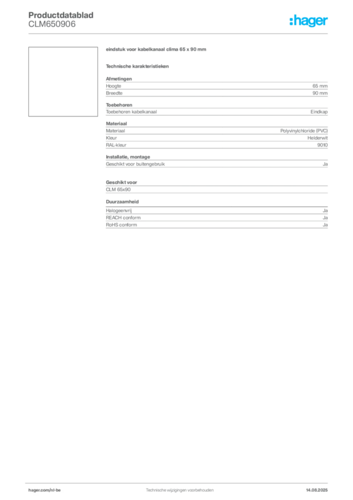 Afbeelding Hager Productdatablad CLM650906 | Hager Belgium