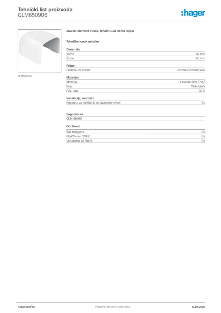 Slika Hager Tehnički list proizvoda CLM650906  | Hager
