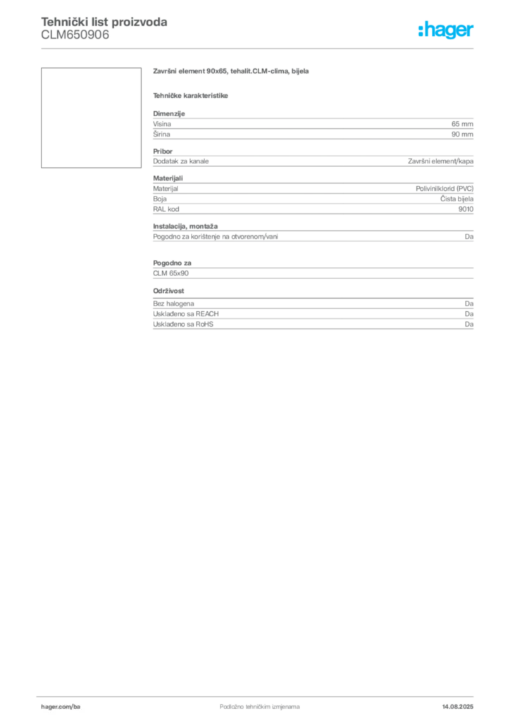 Slika Hager Product data sheet CLM650906  | Hager