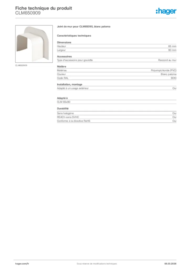 Image Hager Fiche technique du produit CLM650909 | Hager France