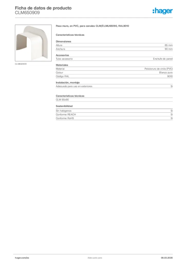 Imagen Hager Ficha de datos de producto CLM650909 | Hager España