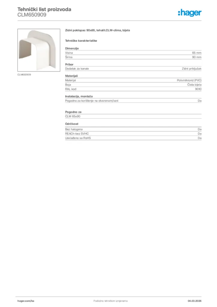 Slika Hager Tehnički list proizvoda CLM650909  | Hager