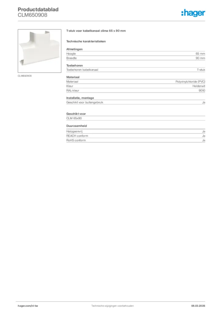 Afbeelding Hager Productdatablad CLM650908 | Hager Belgium