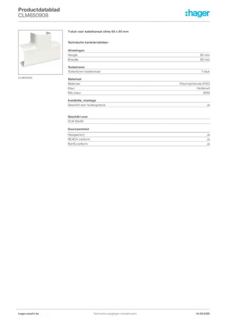 Afbeelding Hager Productdatablad CLM650908 | Hager Belgium