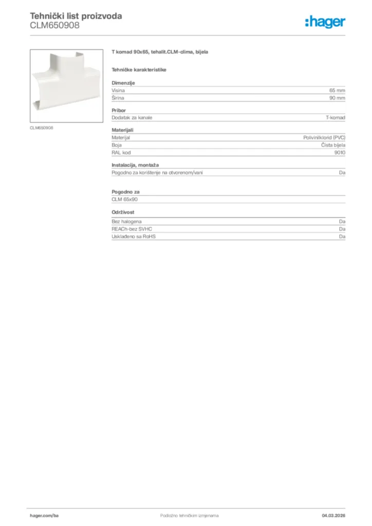 Slika Hager Tehnički list proizvoda CLM650908  | Hager