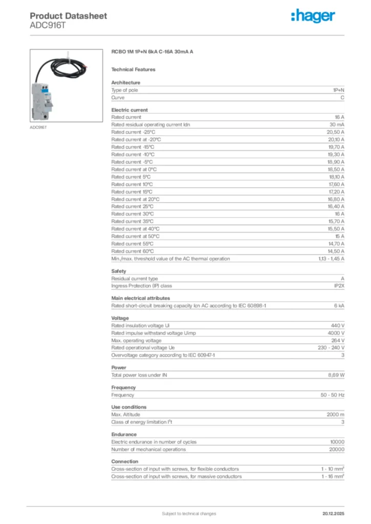 Image Hager Product data sheet ADC916T  | Hager