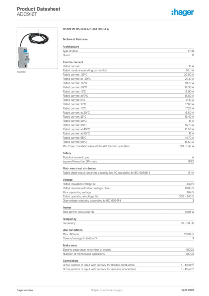 Image Hager Product data sheet ADC916T  | Hager Australia