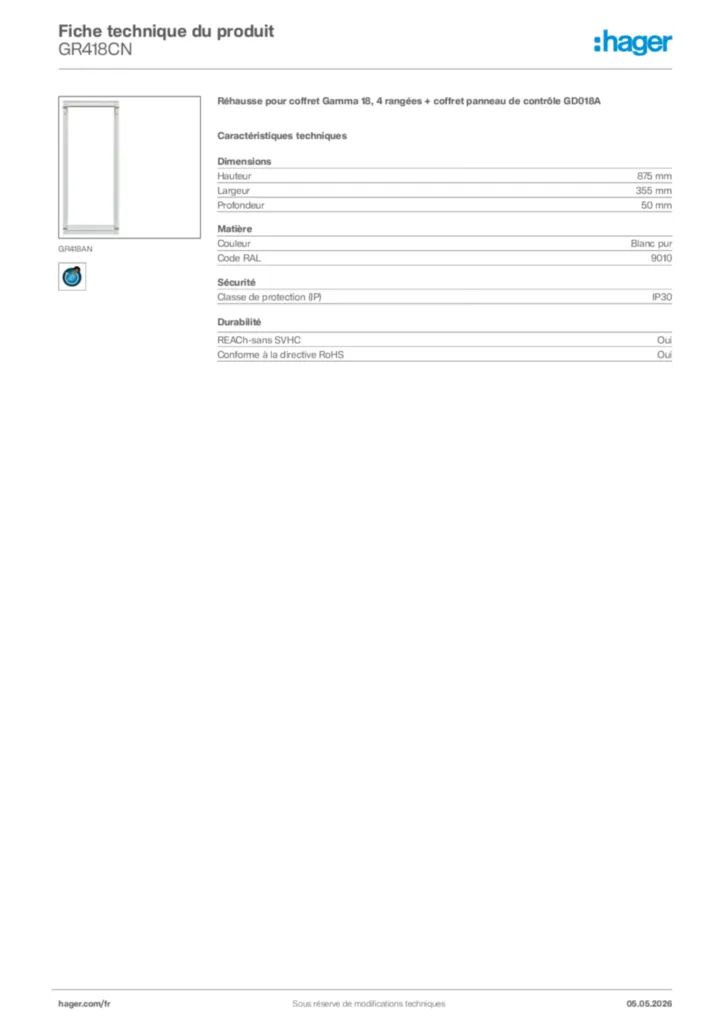 Image Hager Fiche technique du produit GR418CN | Hager France