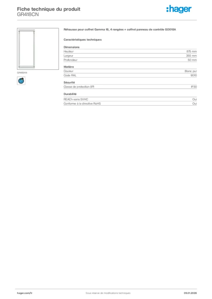 Image Hager Fiche technique du produit GR418CN | Hager France
