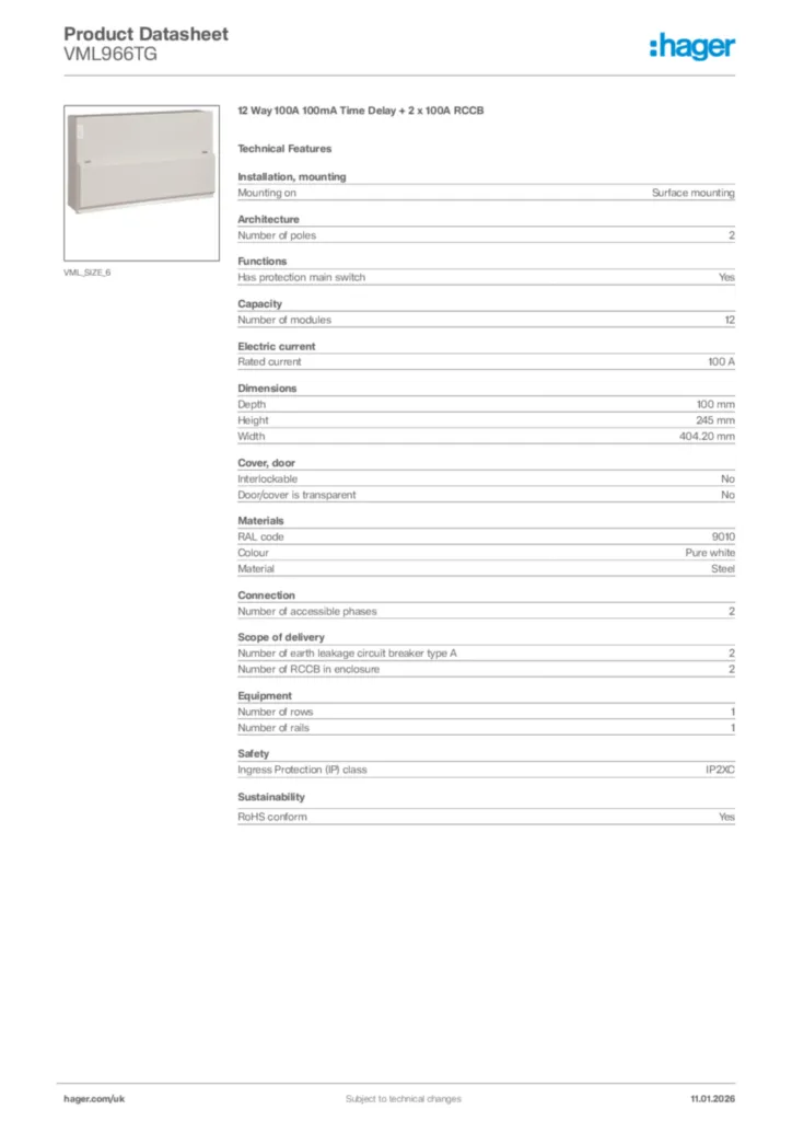 Image Hager Product data sheet VML966TG  | Hager
