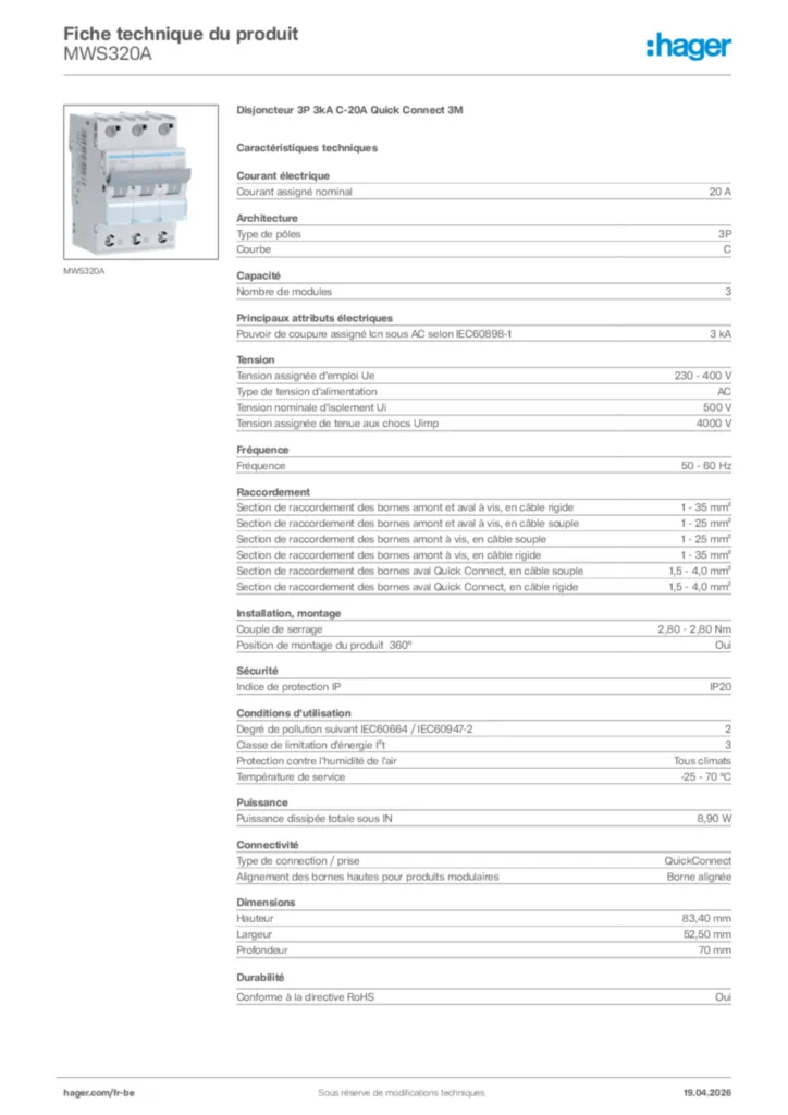 Image Hager Fiche technique du produit MWS320A | Hager Belgique