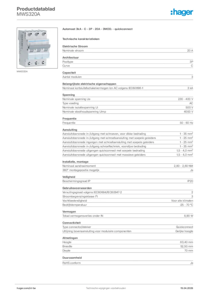 Afbeelding Hager Productdatablad MWS320A | Hager Belgium