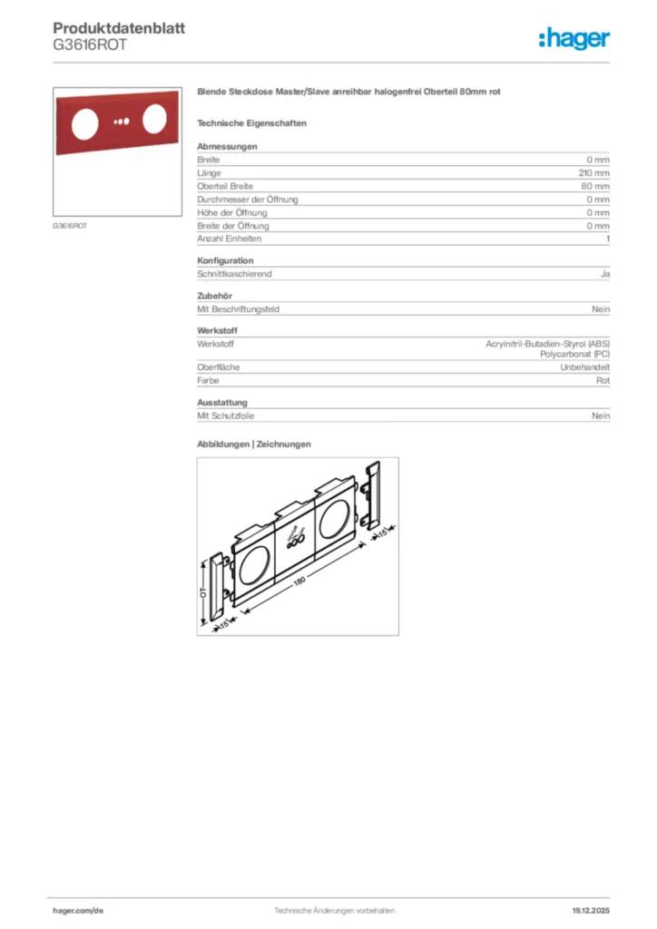 Bild Hager Produktdatenblatt G3616ROT | Hager Deutschland