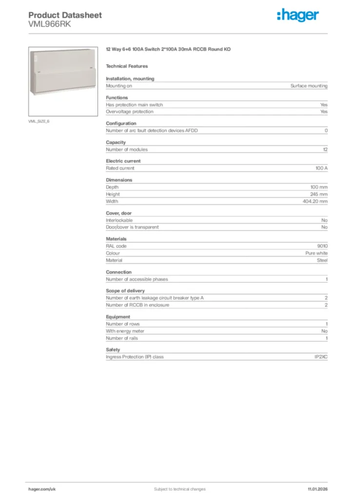 Image Hager Product data sheet VML966RK  | Hager
