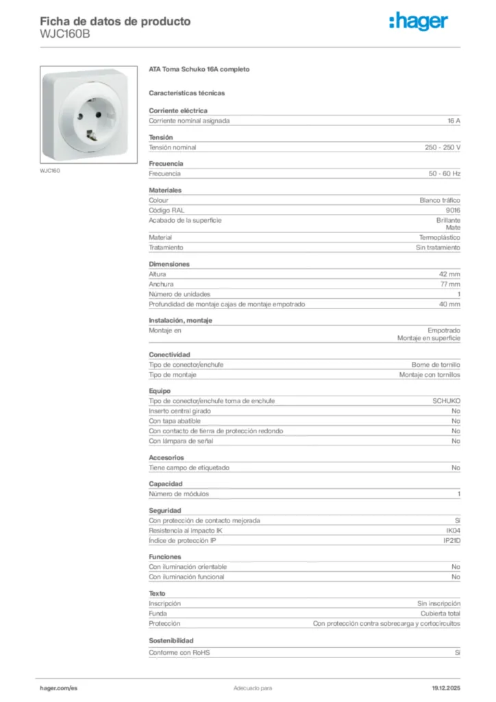 Imagen Hager Ficha de datos de producto WJC160B | Hager España