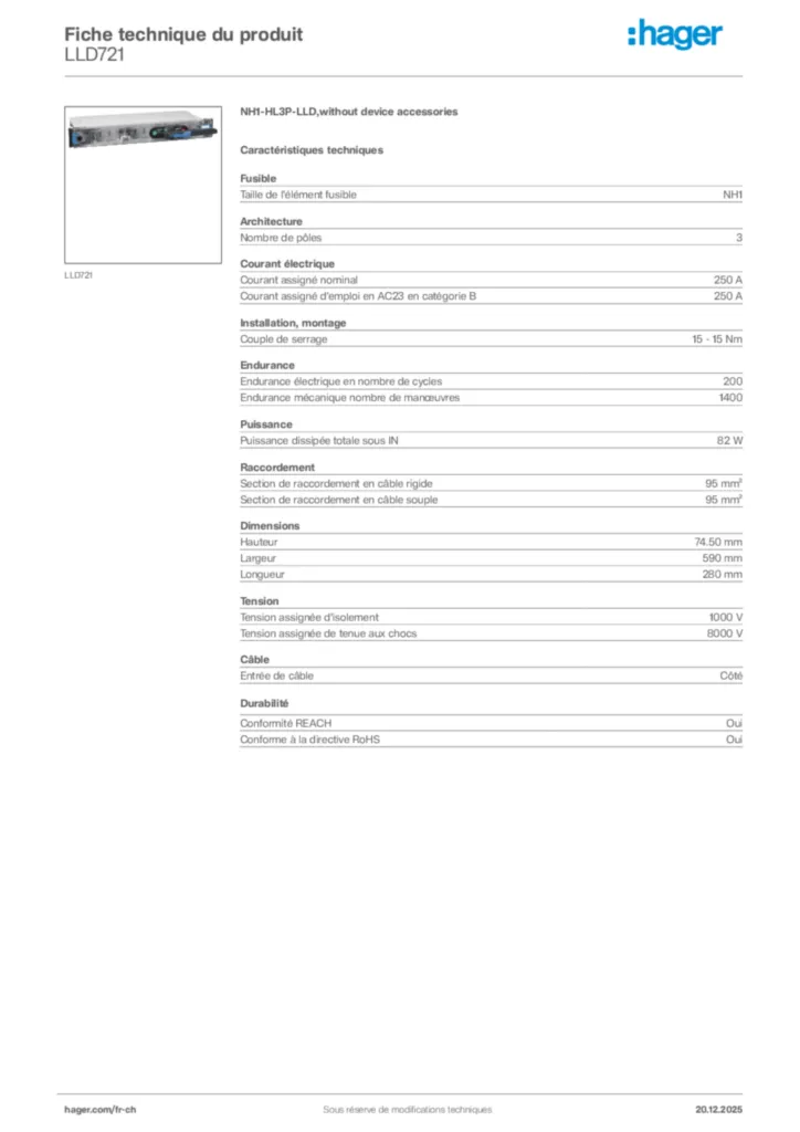 Image Hager Fiche technique du produit LLD721 | Hager Suisse