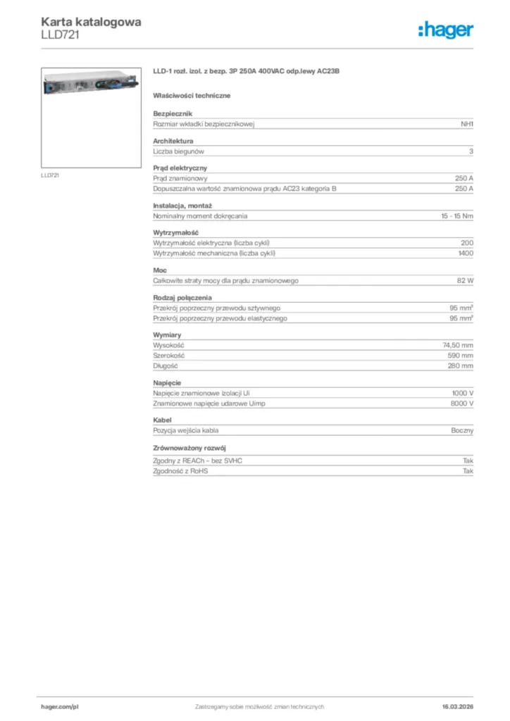 Zdjęcie Hager Karta katalogowa LLD721 | Hager Polska