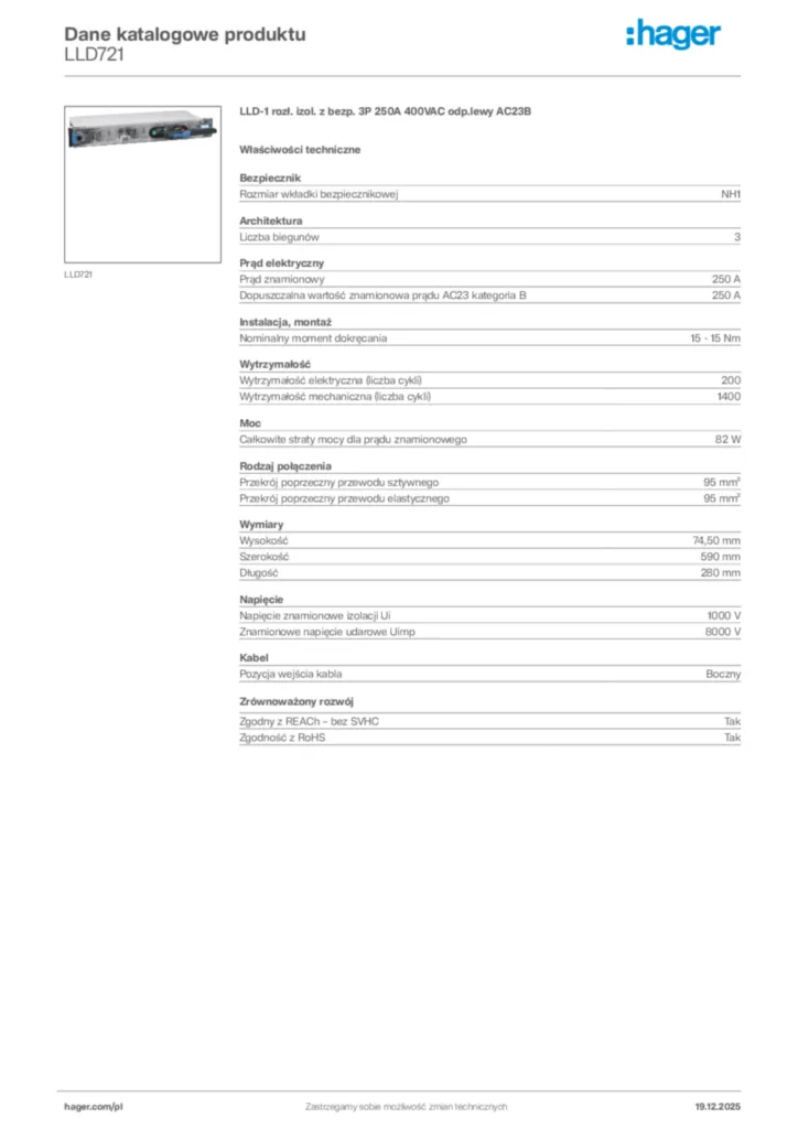 Zdjęcie Hager Karta katalogowa LLD721 | Hager Polska