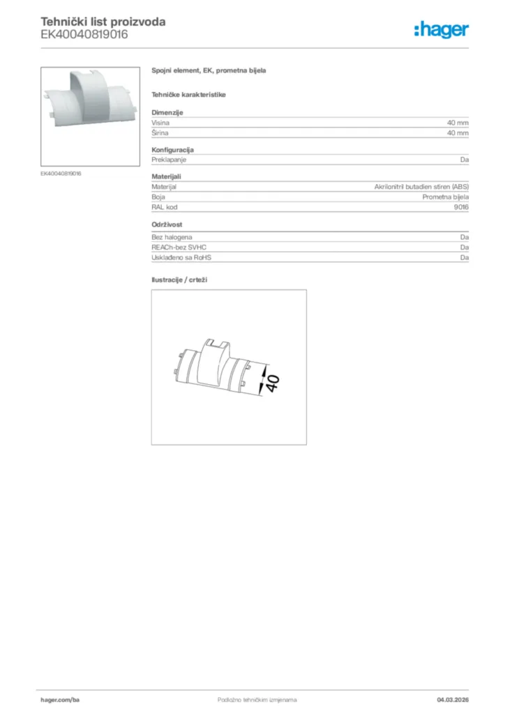 Slika Hager Tehnički list proizvoda EK40040819016  | Hager
