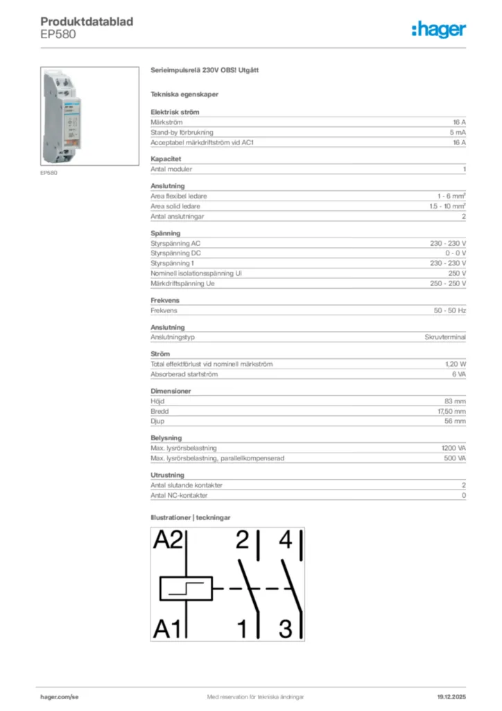 Bild Hager Produktdatablad EP580 | Hager Sverige