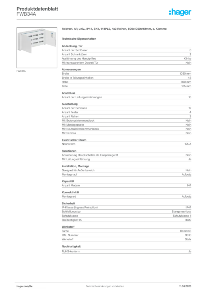 Bild Hager Produktdatenblatt FWB34A | Hager Deutschland