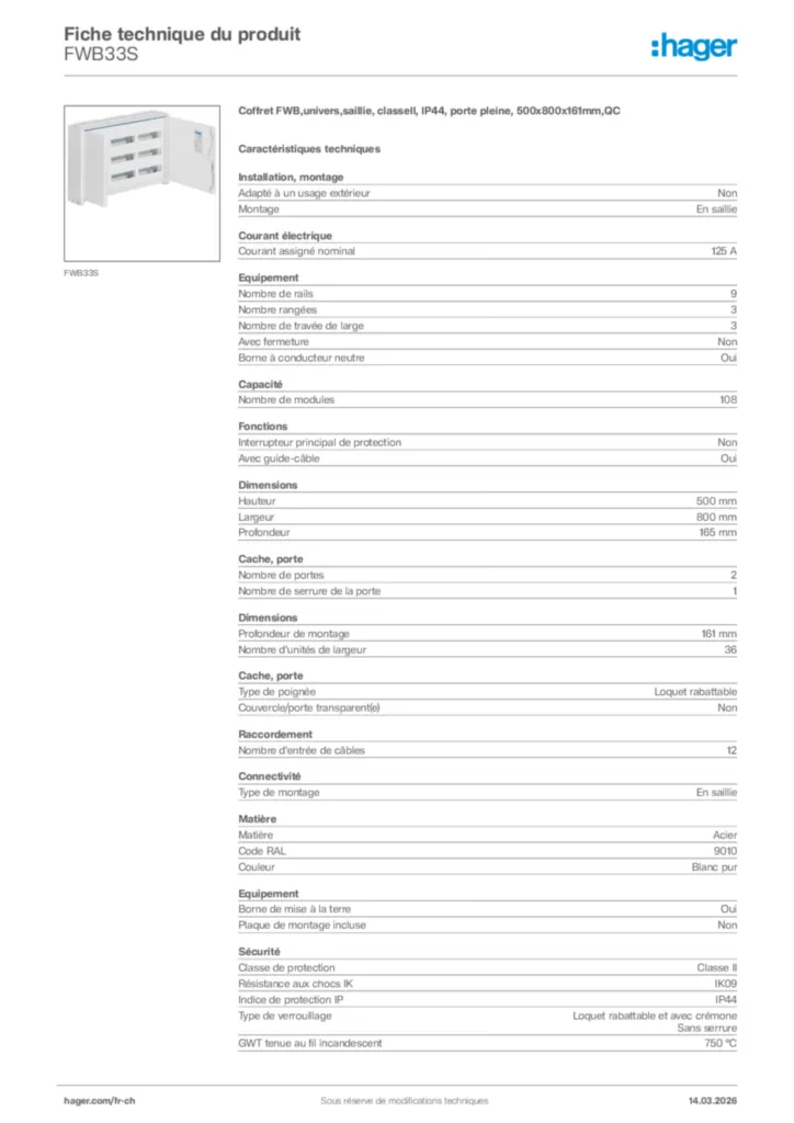 Image Hager Fiche technique du produit FWB33S | Hager Suisse