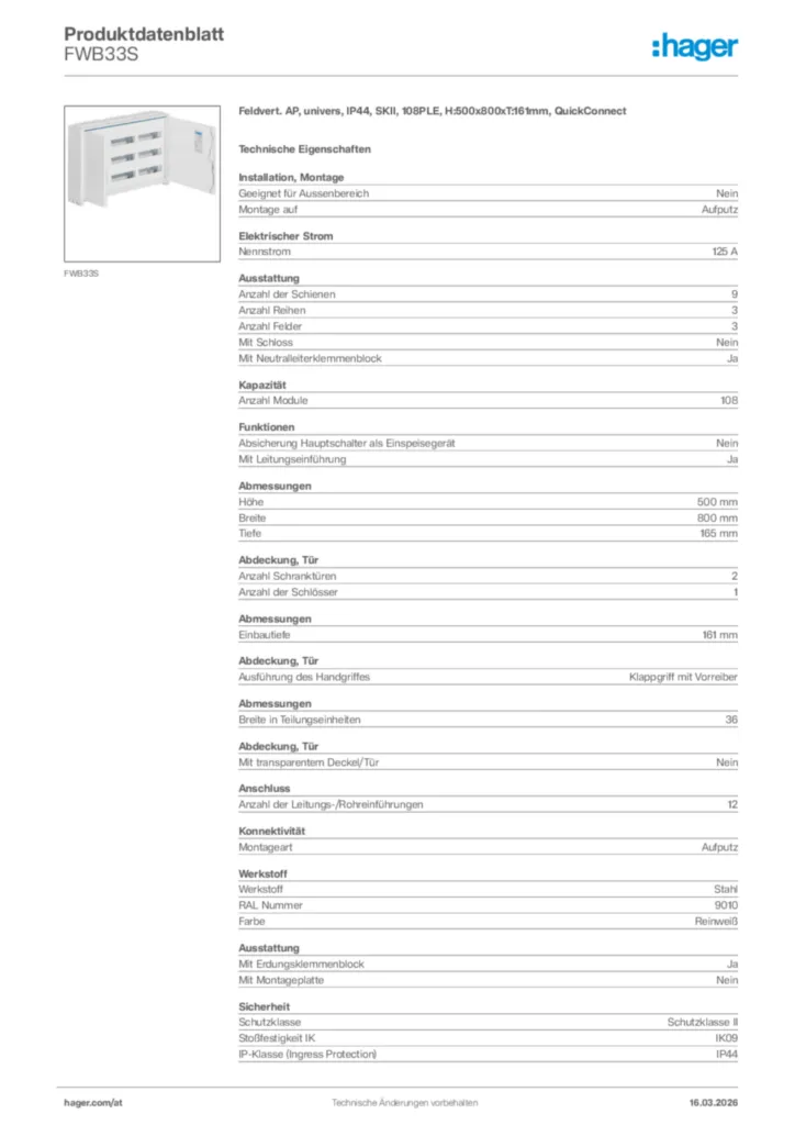 Bild Hager Produktdatenblatt FWB33S | Hager Deutschland