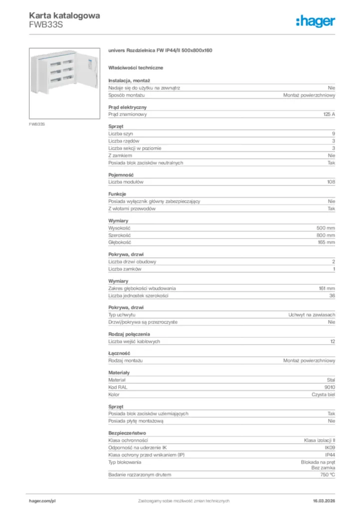 Zdjęcie Hager Karta katalogowa FWB33S | Hager Polska