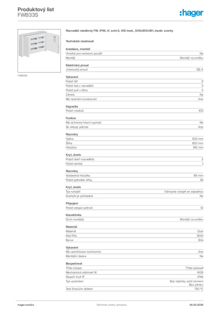 Obrázek Hager Product data sheet FWB33S | Hager
