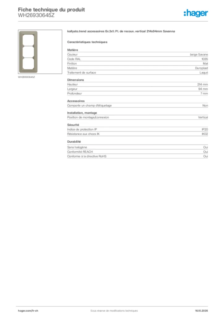 Image Hager Fiche technique du produit WH26930645Z | Hager Suisse