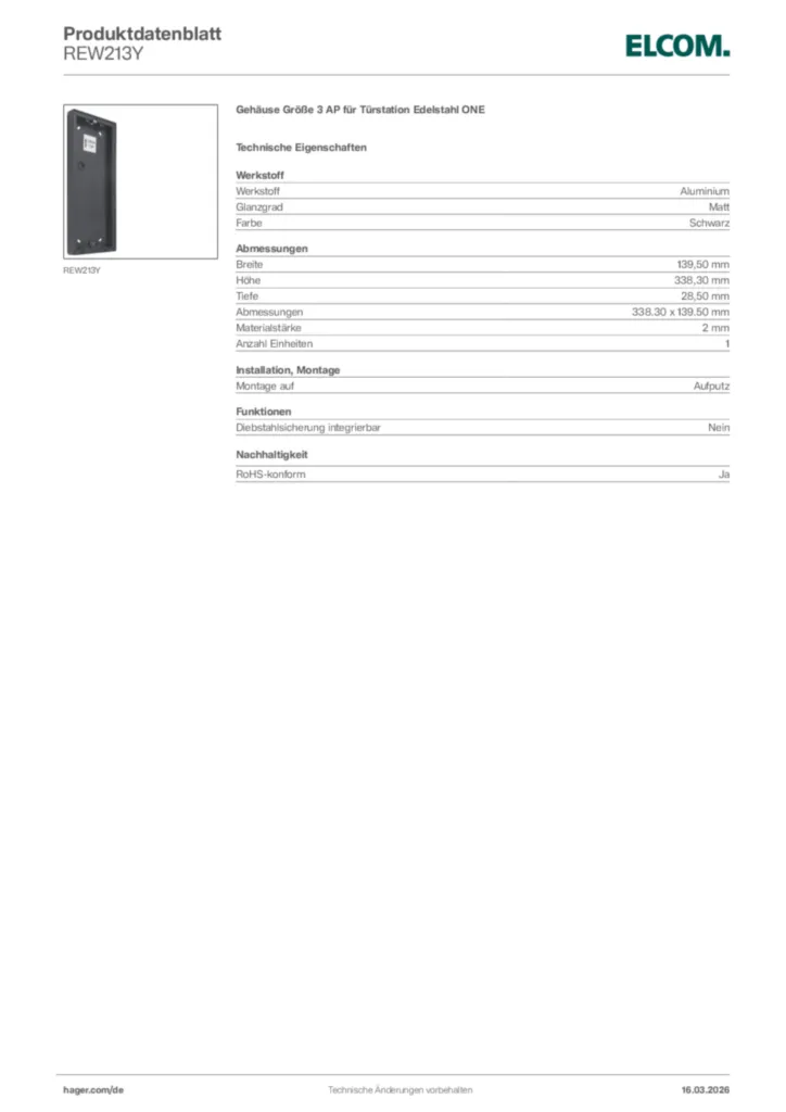 Bild Elcom Produktdatenblatt REW213Y | Hager Deutschland