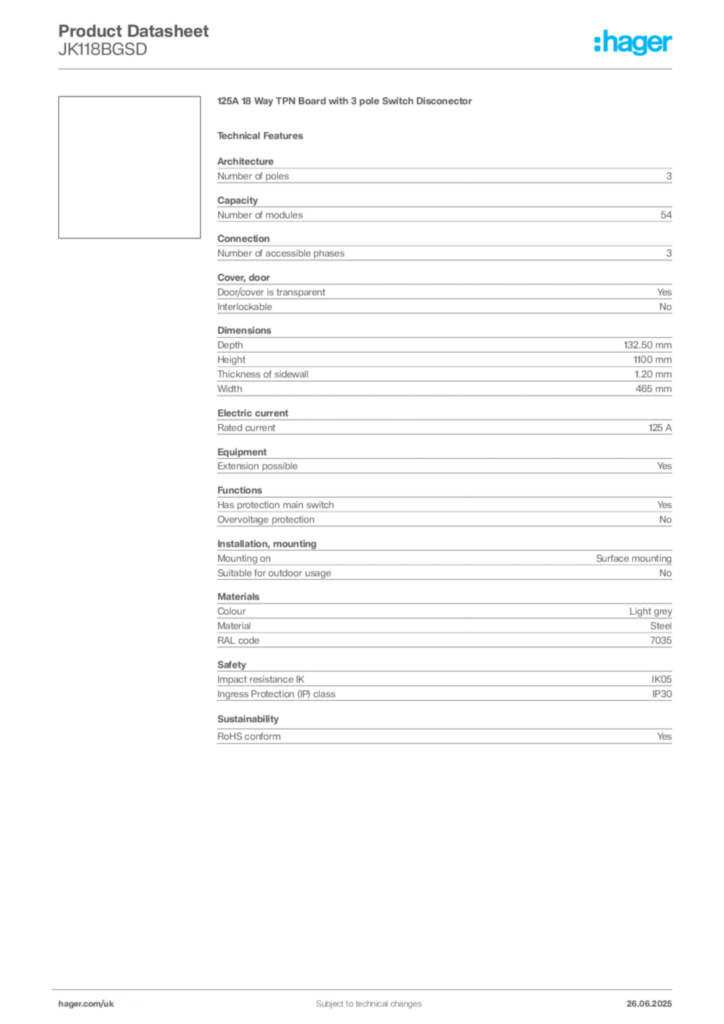 Image Hager Product data sheet JK118BGSD  | Hager