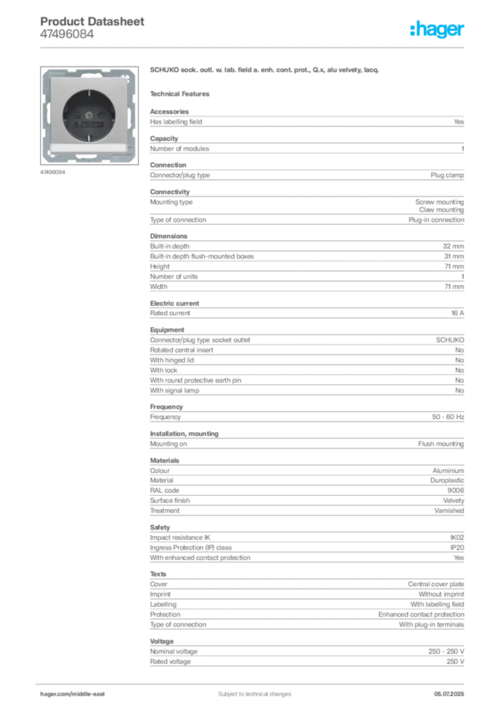Image Hager Product data sheet 47496084  | Hager