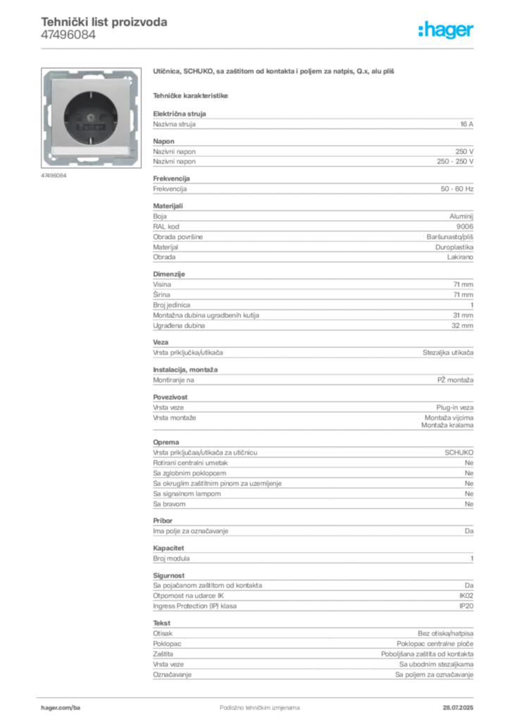 Slika Hager Product data sheet 47496084  | Hager