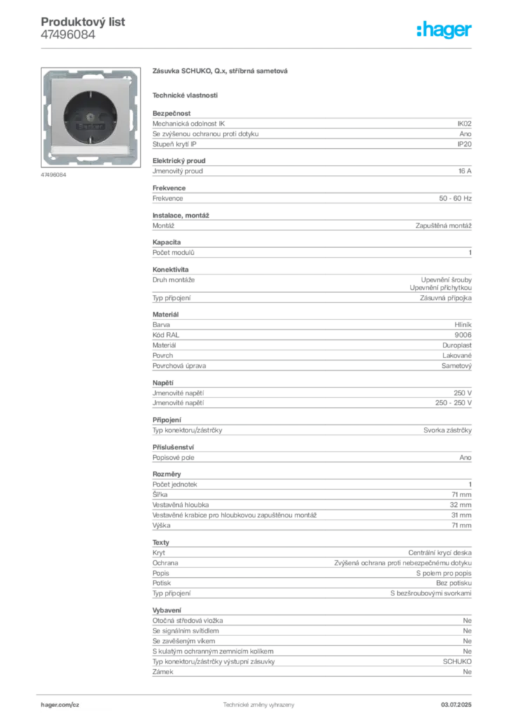 Obrázek Hager Produktový list 47496084 | Hager