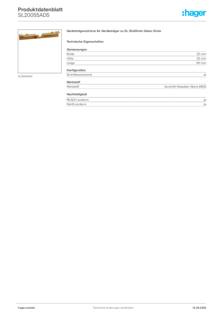 Bild Hager Produktdatenblatt SL20055AD5 | Hager Deutschland