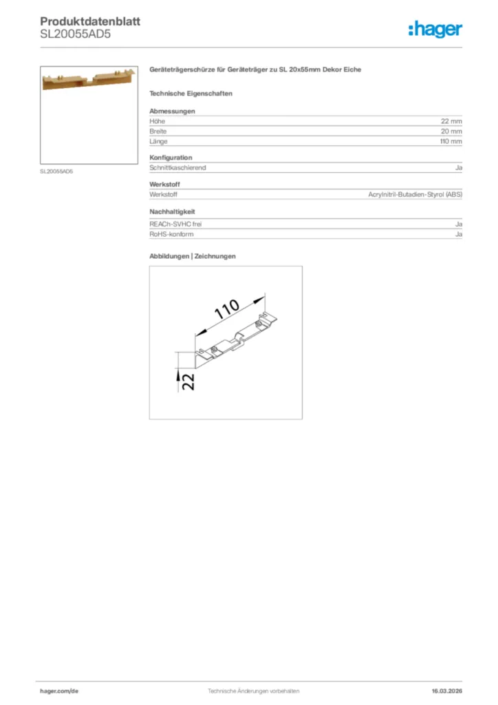 Bild Hager Produktdatenblatt SL20055AD5 | Hager Deutschland