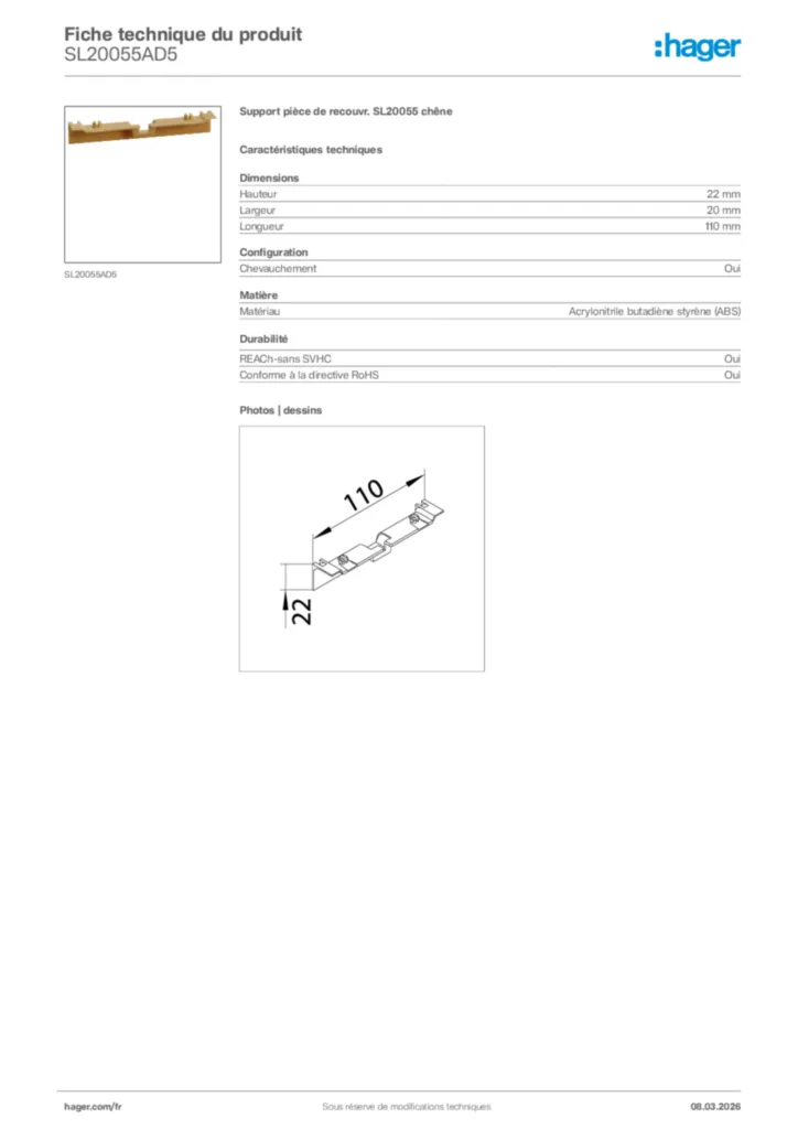 Image Hager Fiche technique du produit SL20055AD5 | Hager France
