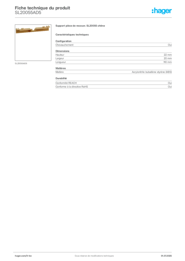 Image Hager Fiche technique du produit SL20055AD5 | Hager Belgique