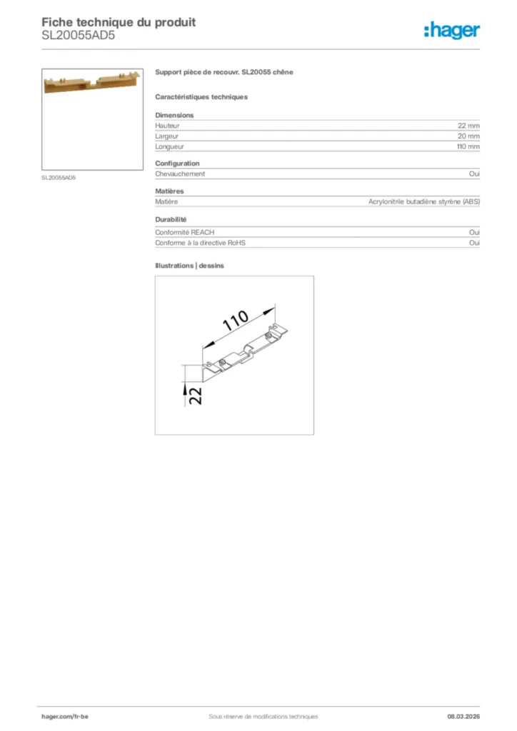 Image Hager Fiche technique du produit SL20055AD5 | Hager Belgique