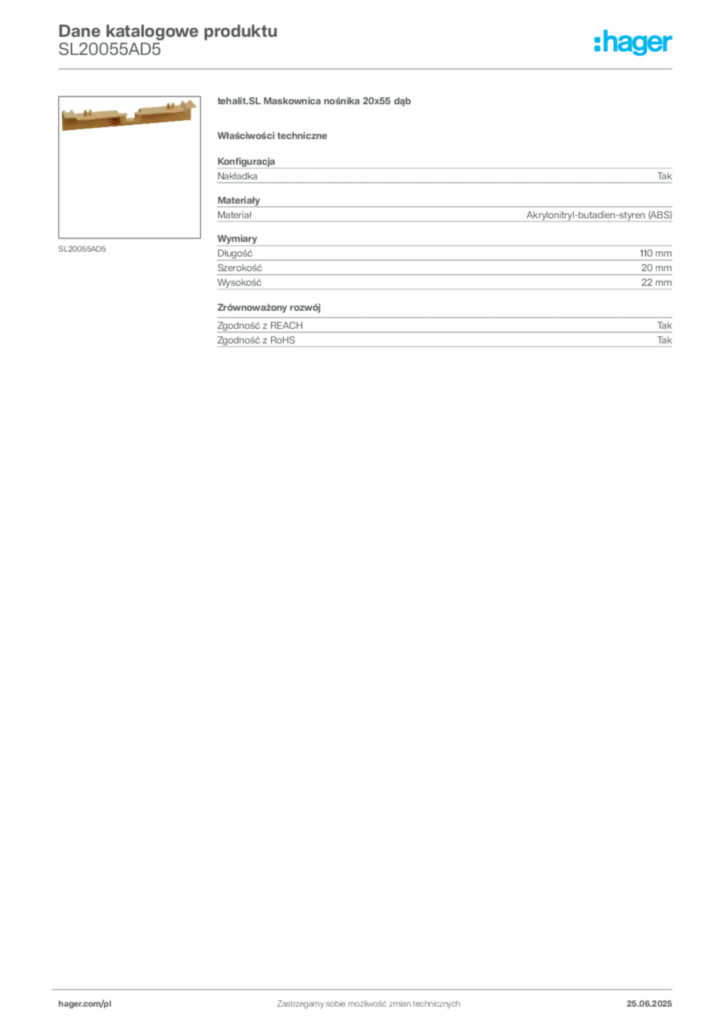 Zdjęcie Hager Karta katalogowa SL20055AD5 | Hager Polska