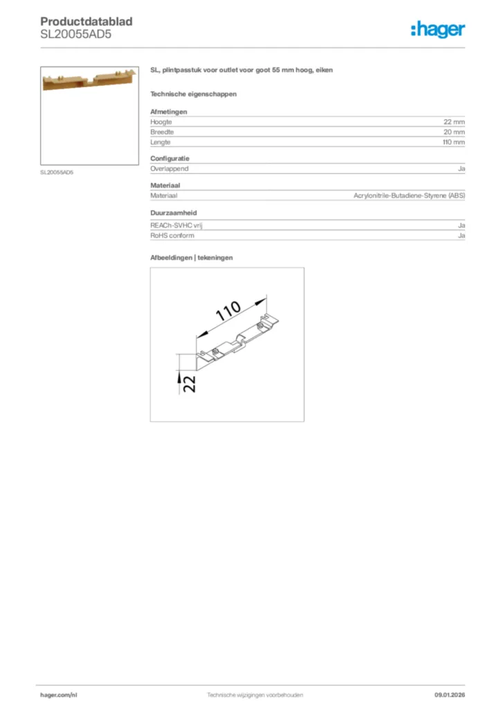 Afbeelding Hager Productdatablad SL20055AD5 | Hager Nederland
