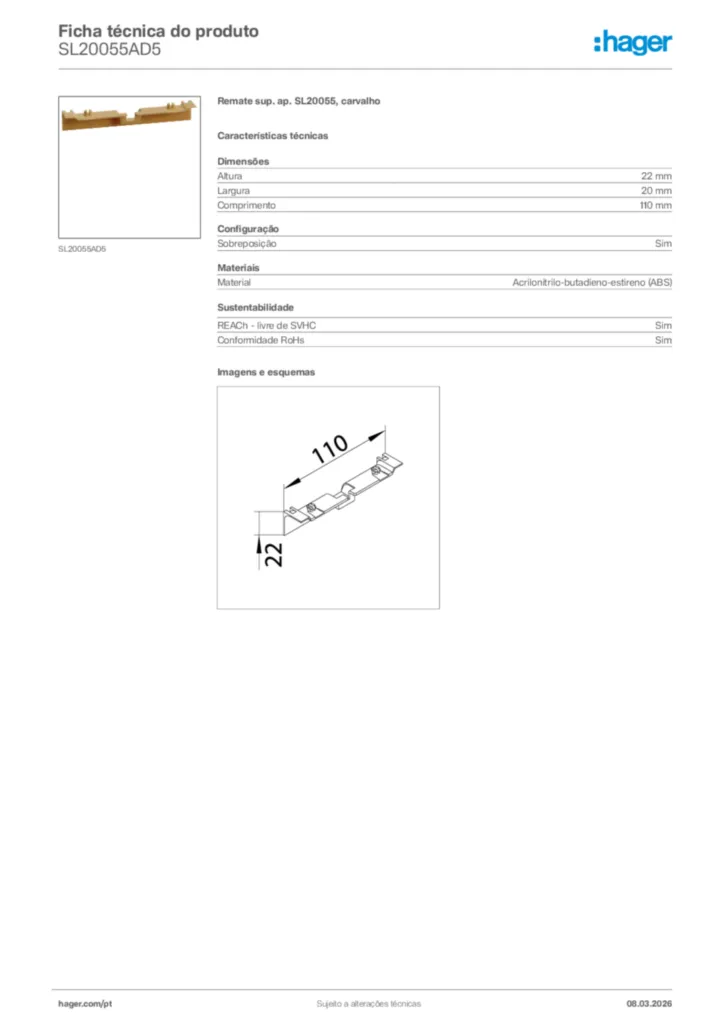 Imagem Hager Ficha técnica do produto SL20055AD5 | Hager Portugal
