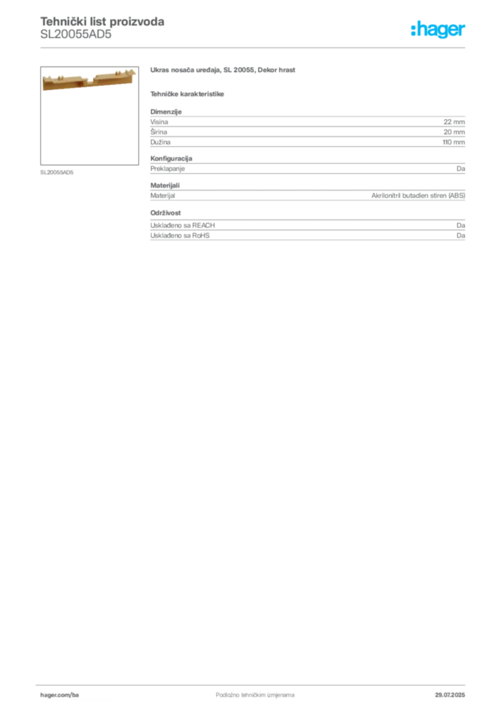 Slika Hager Product data sheet SL20055AD5  | Hager