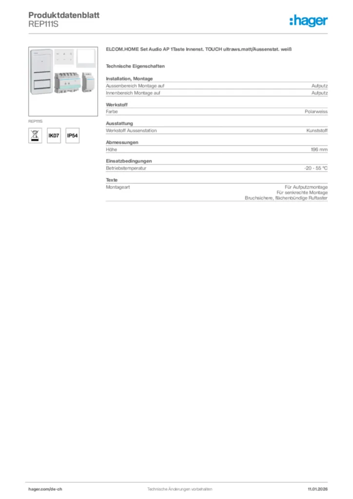 Bild Hager Produktdatenblatt REP111S | Hager Schweiz