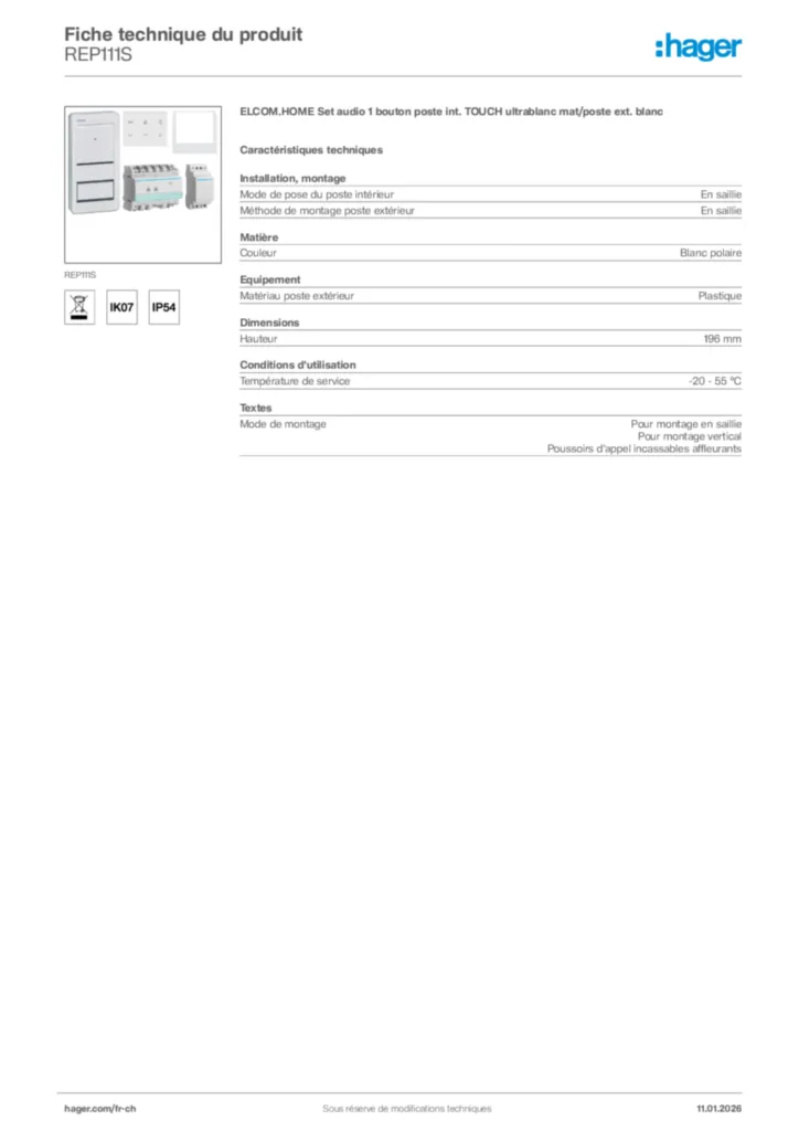 Image Hager Fiche technique du produit REP111S | Hager Suisse