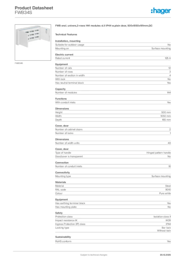 Image Hager Product data sheet FWB34S  | Hager Africa