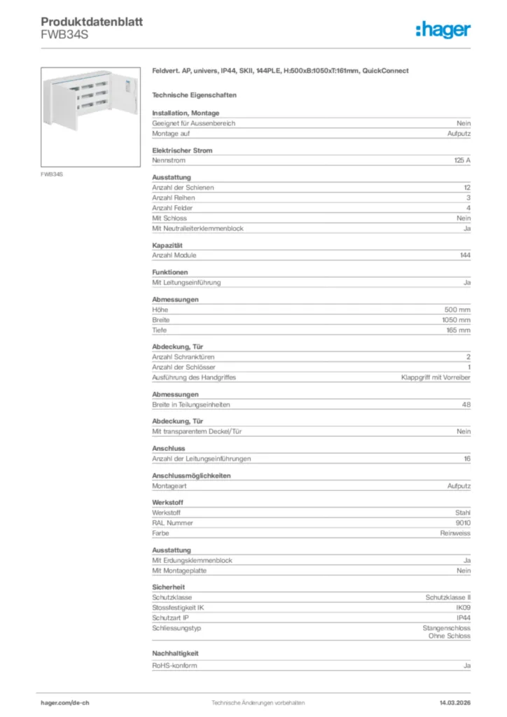Bild Hager Produktdatenblatt FWB34S | Hager Schweiz