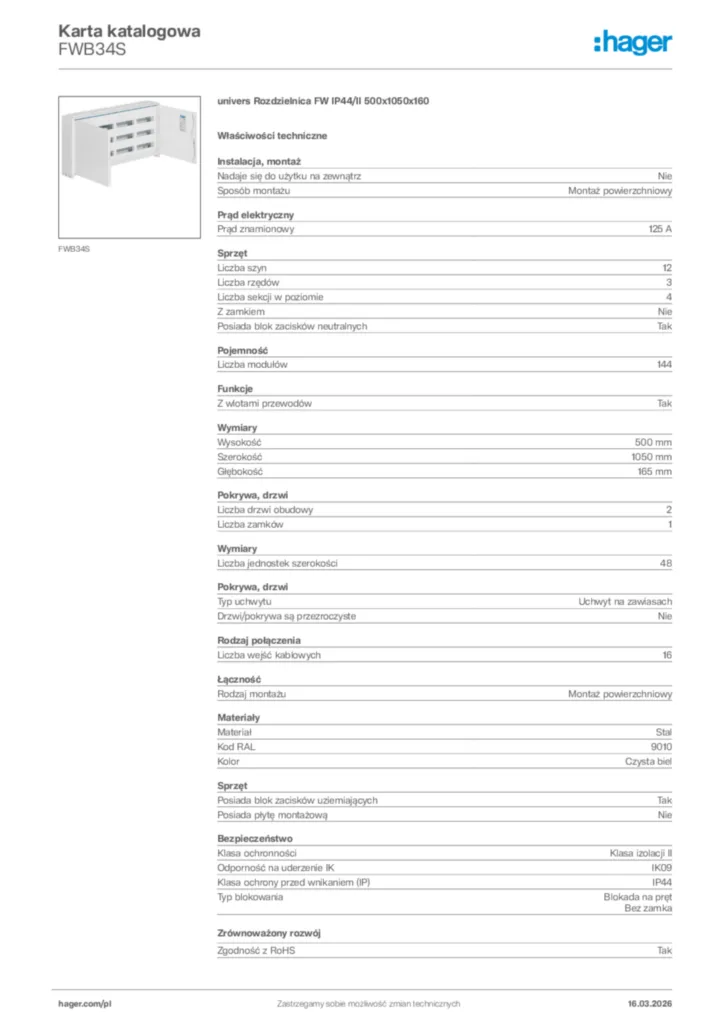 Zdjęcie Hager Karta katalogowa FWB34S | Hager Polska